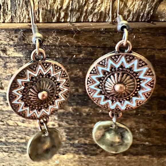 Boho Hippie Western Delicate Copper Sunshine Drop Wire Earrings, Gift Box - Picture 1 of 7